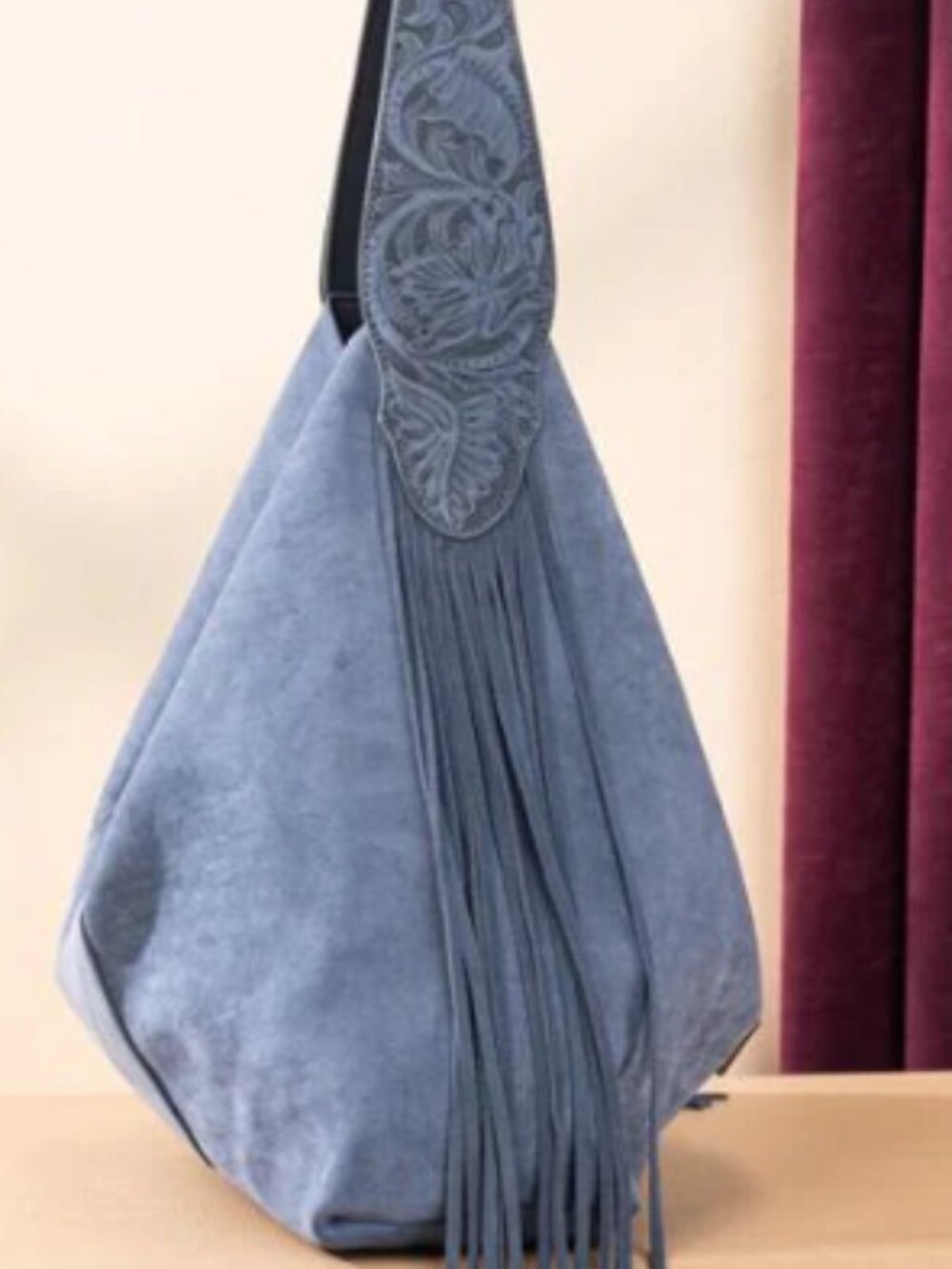 Wrangler Floral Tooled Fringe Hobo Bag, Jean Blue NWT - Picture 2 of 3